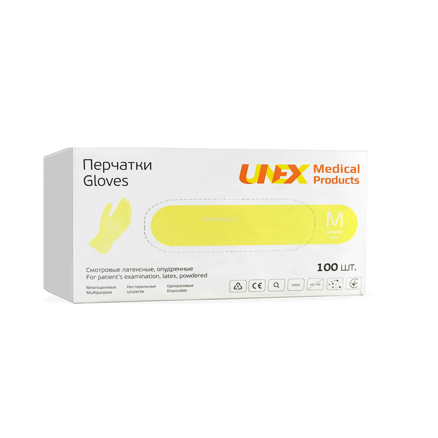 Перчатки опудренные латексные нестерильные*разм.M*100шт., (Тайланд) бесцветные, 