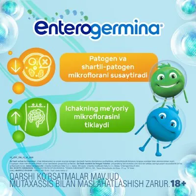Enterogermina peroral qabul qilish uchun kukun sashelarda 6 mlrd/2g, 9 ta paketcha