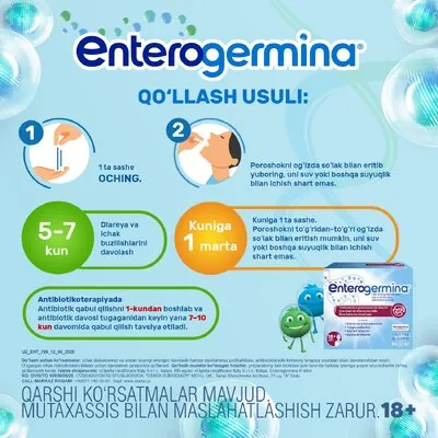 Enterogermina peroral qabul qilish uchun kukun sashelarda 6 mlrd/2g, 9 ta paketcha
