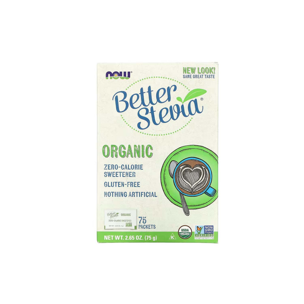 Стевия, BetterStevia, Now Foods, подсластитель с нулевой калорийностью, органик, 75 пакетов, 75 г