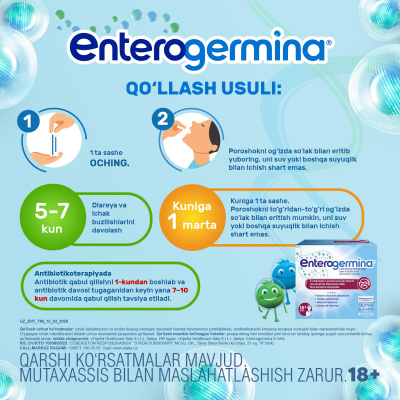 Enterogermina peroral qabul qilish uchun kukun sashelarda 6 mlrd/2g, 9 ta paketcha