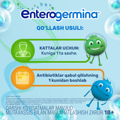 Enterogermina peroral qabul qilish uchun kukun sashelarda 6 mlrd/2g, 9 ta paketcha