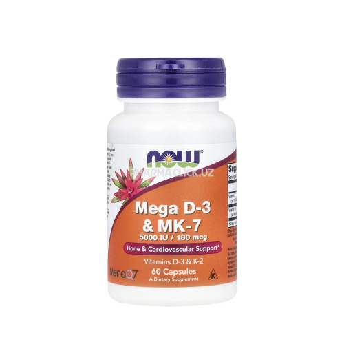 Мега D3 и MK-7, 5000 МЕ NOW Foods 180 мкг, 60 капсул 
